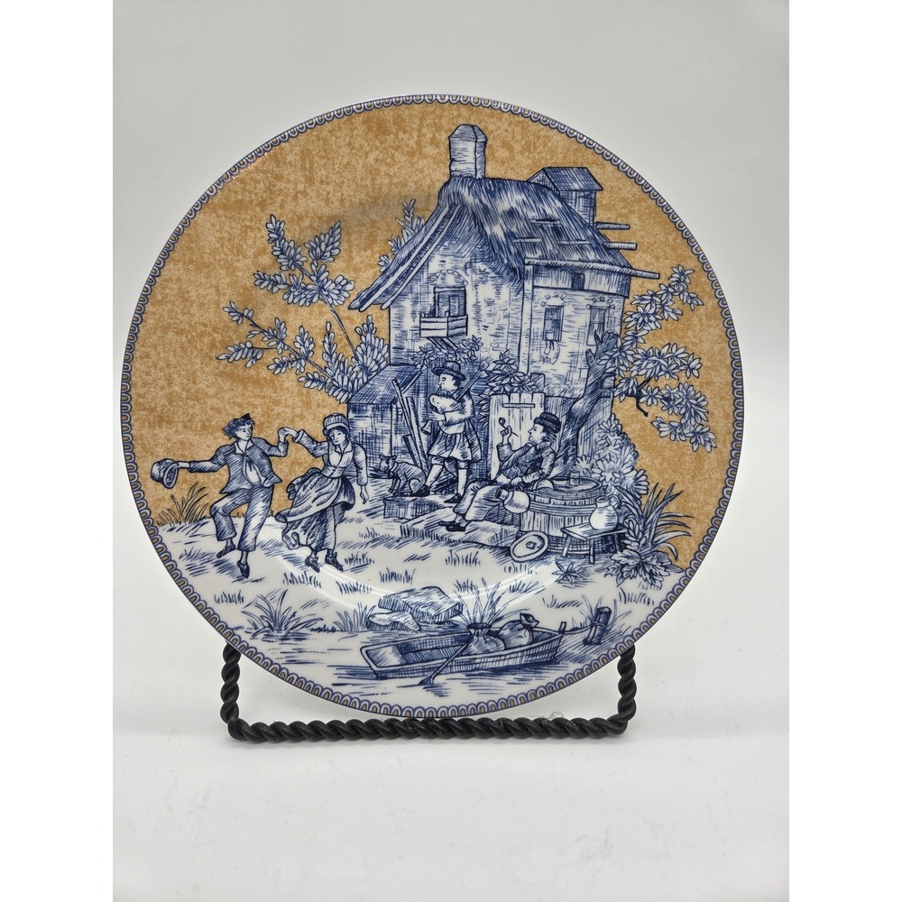 American Atelier English Toile 5076 Porcelain Dinner Plate 8.25"‎ Blue Tan 1pc